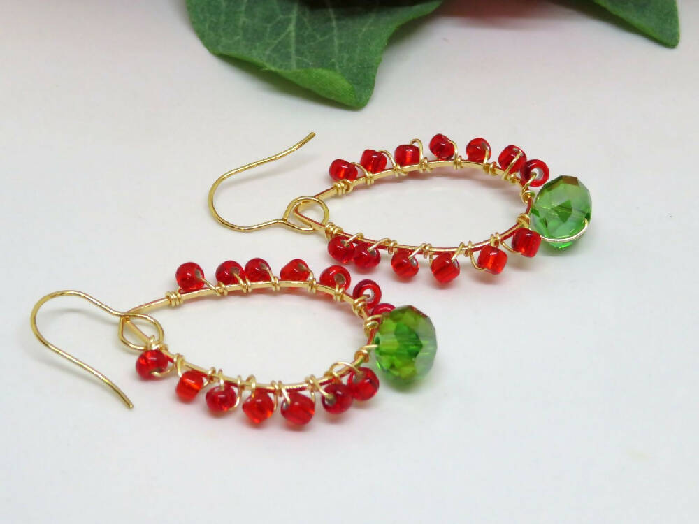 Red Green Christmas Wire Wrapped Earrings