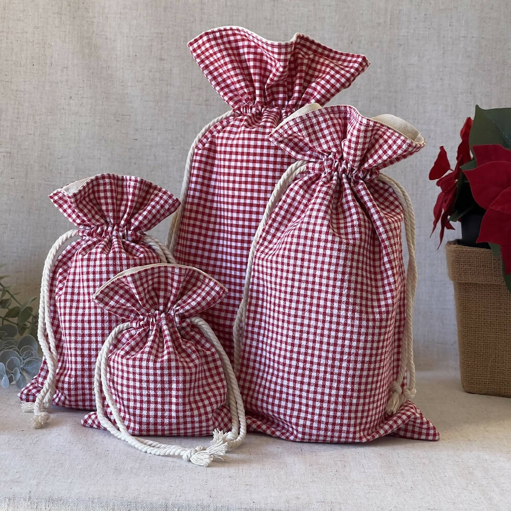 Christmas Reusable Fabric Gift Bag - Red and White Gingham