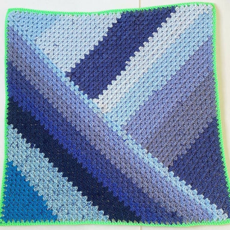 Handmade Baby blanket a patch of blue in granny stripes with bright green border