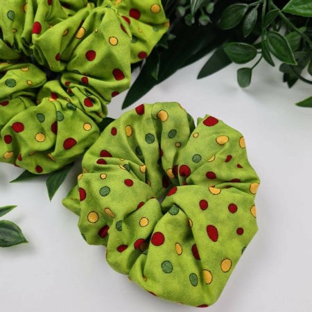 Scrunchie - Green with Spots Cotton Fabric - Elastic Hair Tie - Hair Accessory