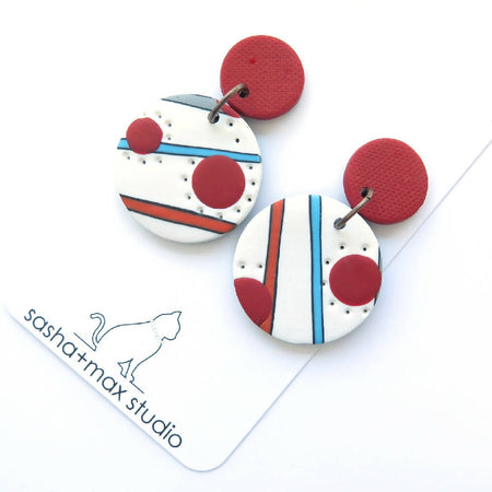 Dotty Red and Blue Polymer Clay drop earrings