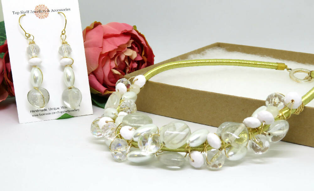 White Cream Crystal Wire Wrapped Beaded Necklace Earrings Set