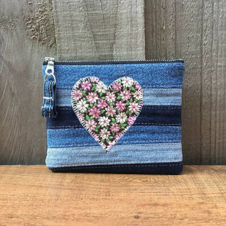Upcycled Denim Purse – Pink Floral Heart