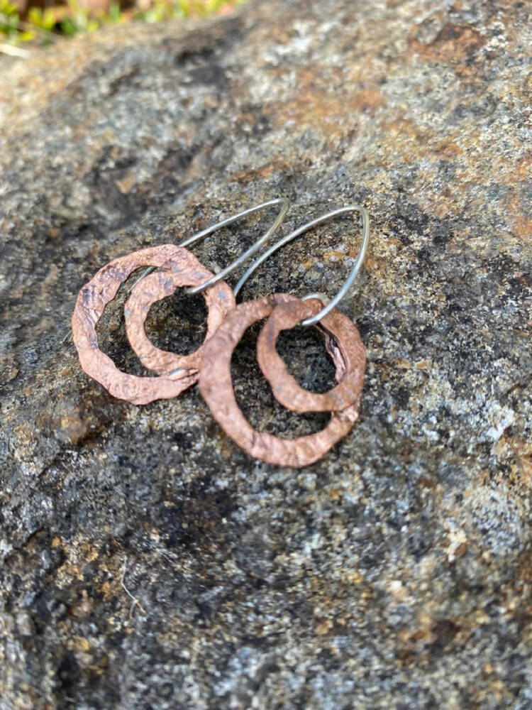 Hammered Copper and Sterling Silver Leaf Drop Earrings
