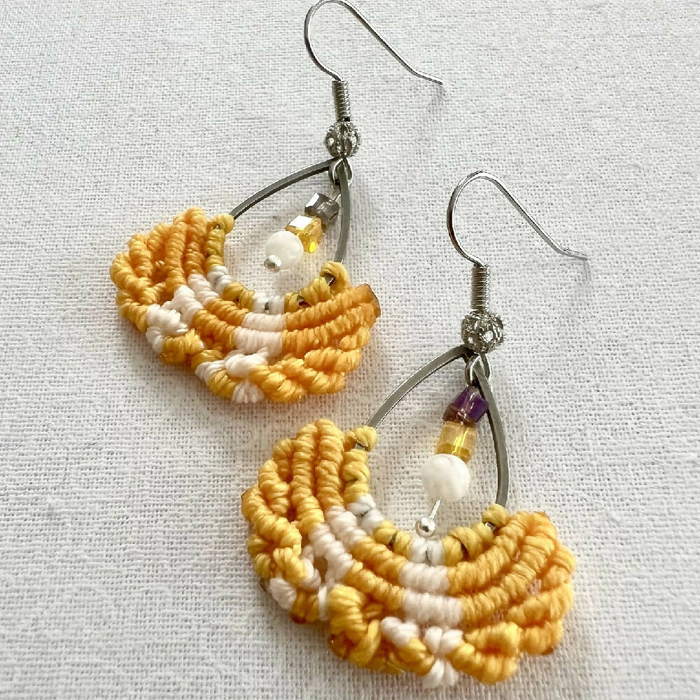 Yellow & White Micro Macrame Earrings, Silver Plated hooks + Free microfiber pouch