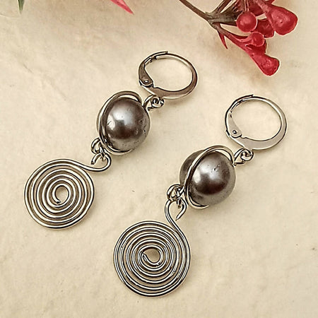 Silver Glass Pearl Spiral Earrings