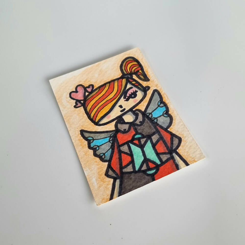 Angela with wings - ACEO Original Ink and Watercolor on Watercolor Paper