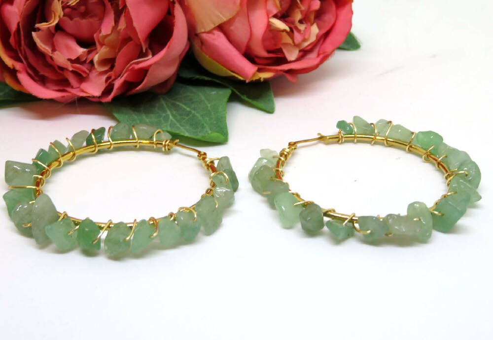 Jade Green Chip Wire Wrapped Hoop Earrings