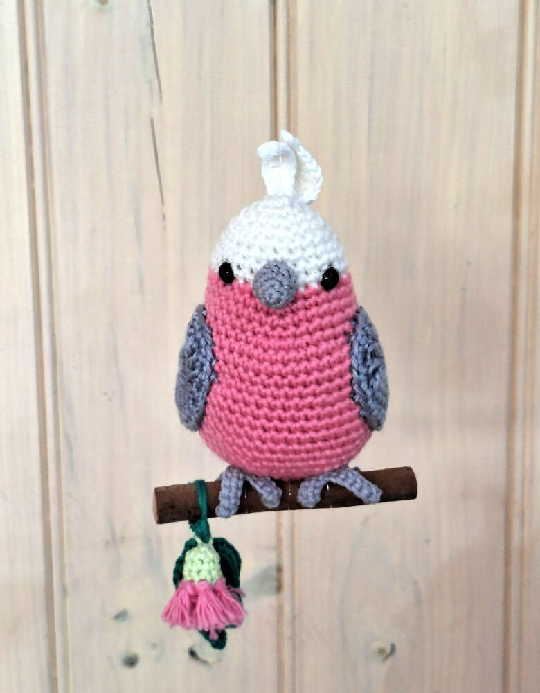 Hand crocheted pink galah room decoration or toy