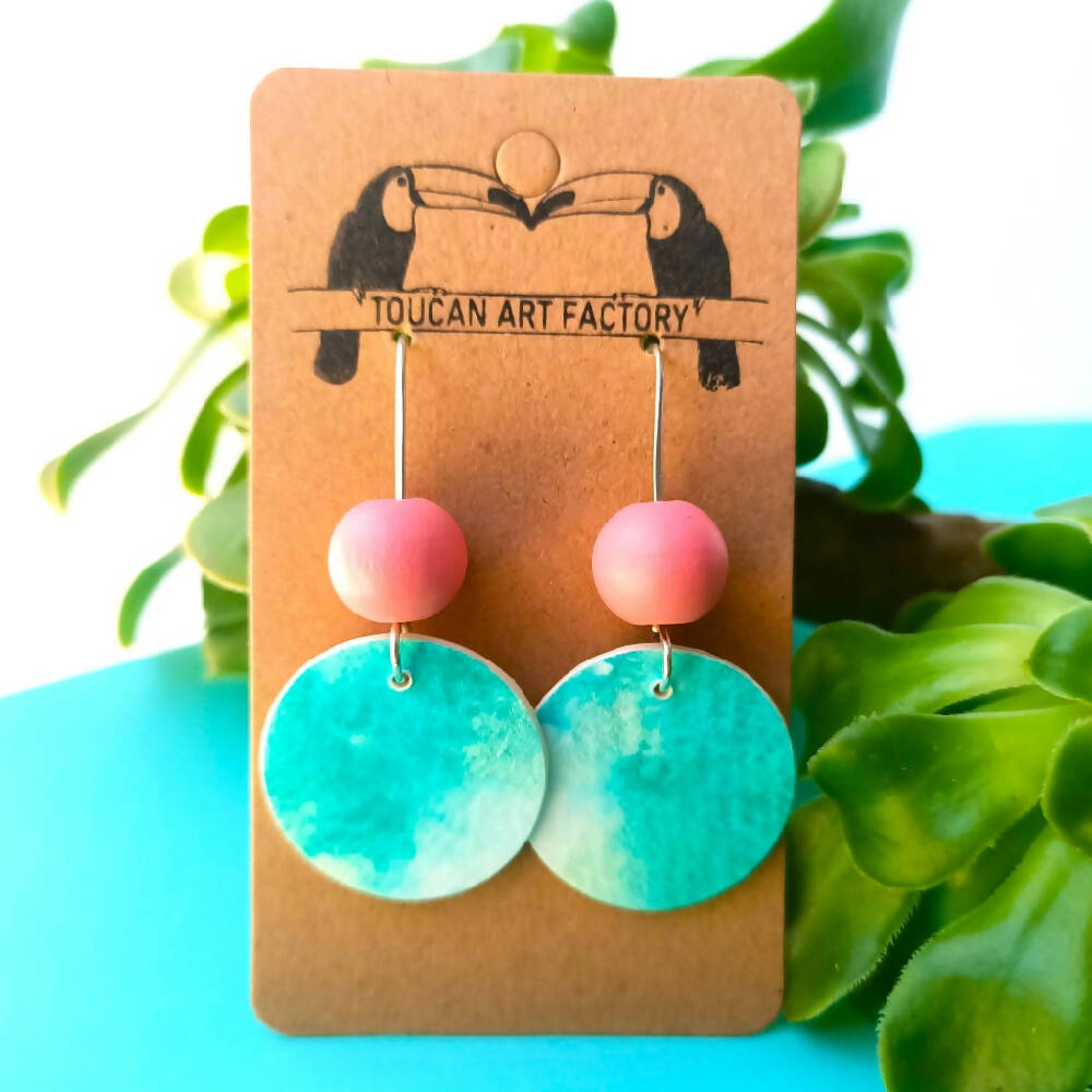 Hand painted watercolour earrings in turquoise with handmade sterling silver earwires
