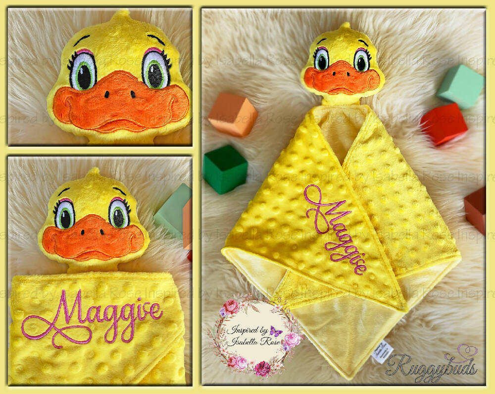 Baby comforter, Embroidered name, Duck themed Ruggybud, Made to order