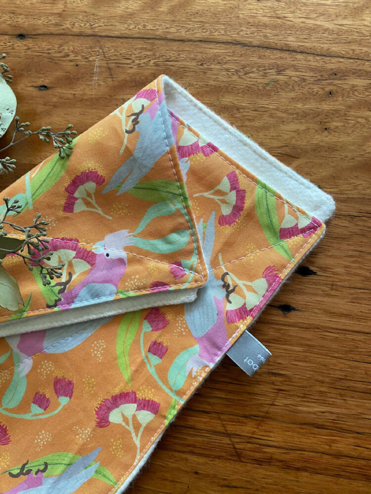 burp cloth - galahs orange / organic cotton hemp fleecy / baby toddler