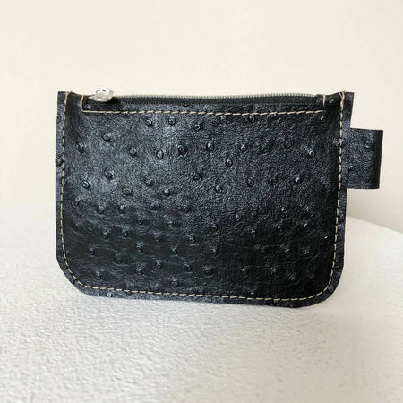 Black Faux Ostrich Leather Zipper Coin Pouch
