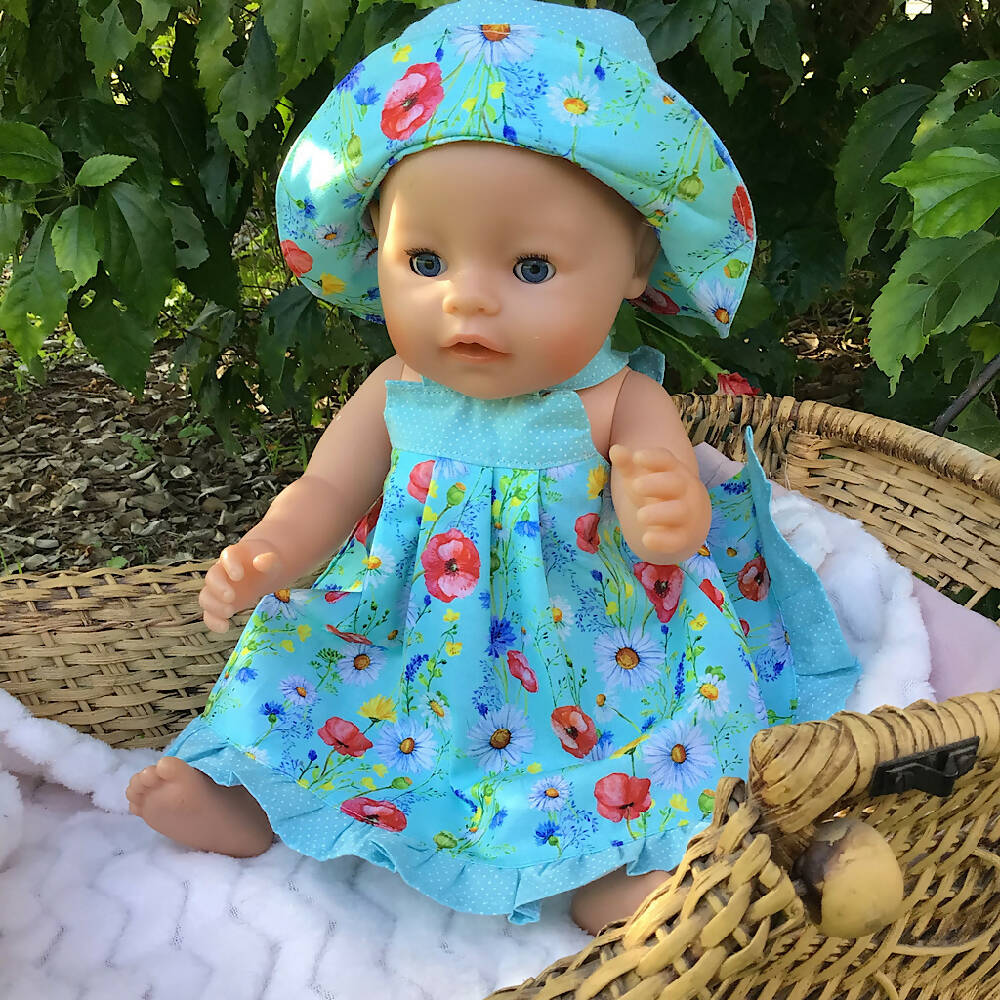 34-43cm dolls Sundress and Sunhat - aqua floral