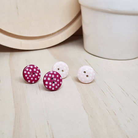 Button STUD Earrings - PINK Spots - Round Button - 12mm