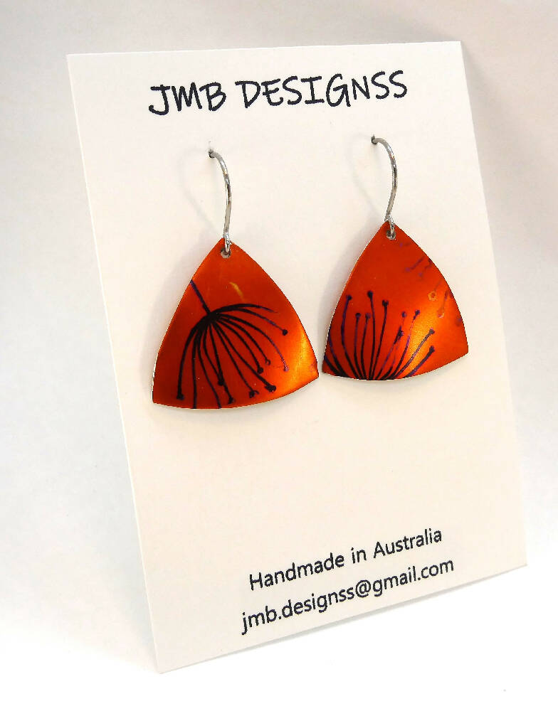 Printed and dyed orange and black anodised aluminium earrings