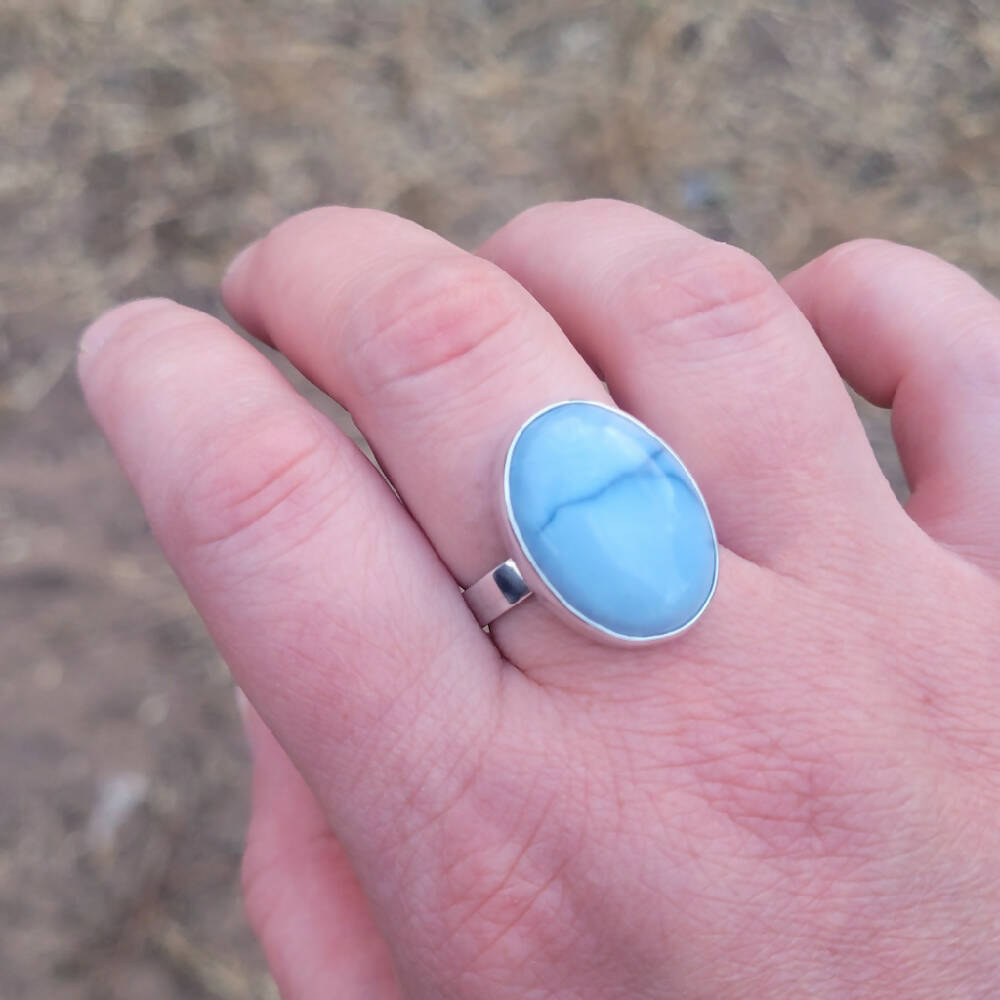 Blue Opal Agate Silver Ring Size S 1/2