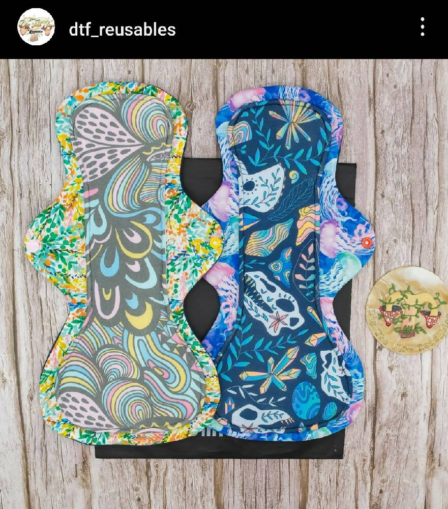 australian handmade reusable ecofriendly cloth pad by dig the flow reusables with the happy hippos mega curvy pattern