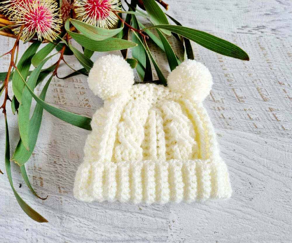 Baby Beanie Cream Newborn Crochet Knitted Cable Hat