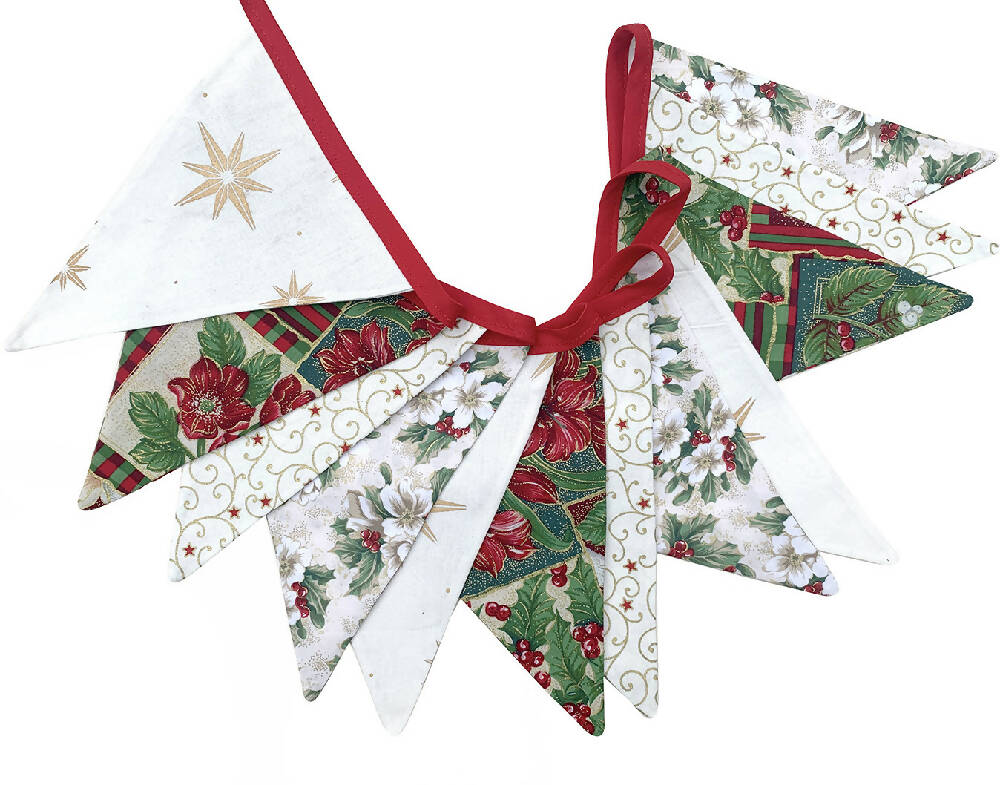 Christmas Bunting - Red Green Gold Traditional Style Flags - Holly & Stars Decoration