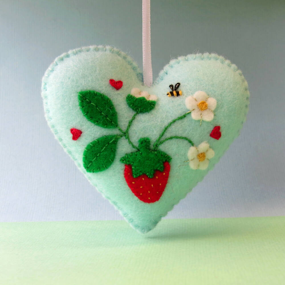 Heart Ornament - Embroidered Wool Felt - Strawberry Decoration