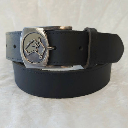 Black Full Grain Cowhide Leather Belt with Australia Motif, Australian Made, 39mm Wide