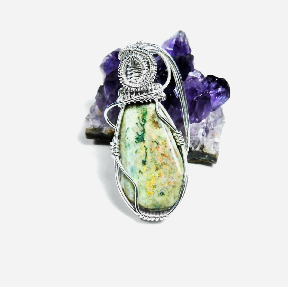 Unusual green Matrix opal pendant Sterling silver wire wrapped