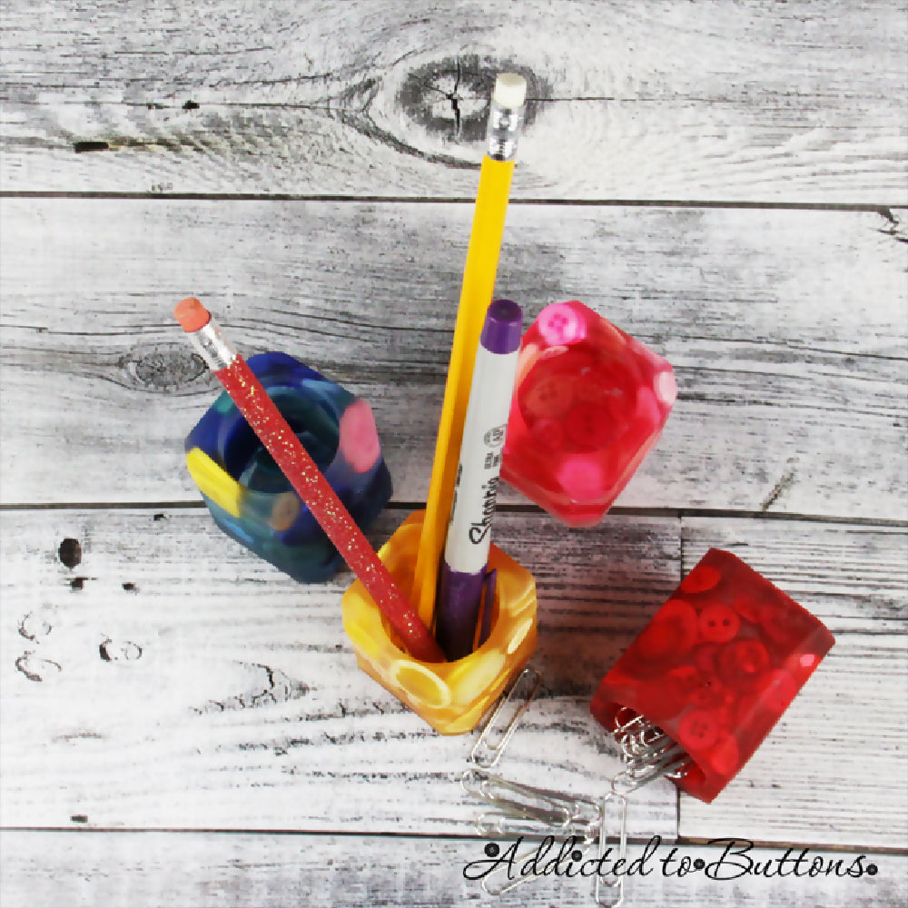 Pencil Pot - Buttons & Resin - YELLOW - Toothpicks & Trinkets