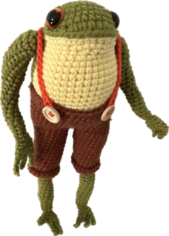 Red George of Kensington crochet toy Frog, wearing pants and top - all dressed up
