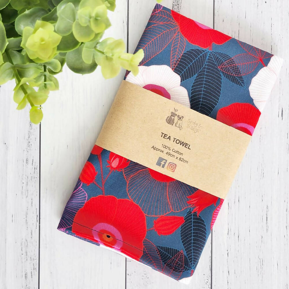 Cotton Tea Towel - Bold Australian Floral Print, Navy, Pink & Red