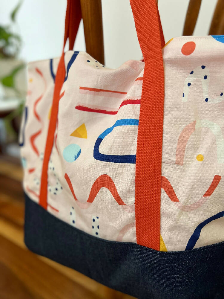 Tote Bag for Shopping/Market/Beach – Festive Fun in Pale Pink + Denim