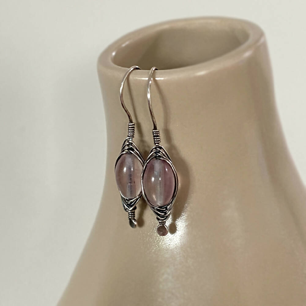 Sterling Silver Herringbone Weave Wire Wrap Pink Fluorite Earrings