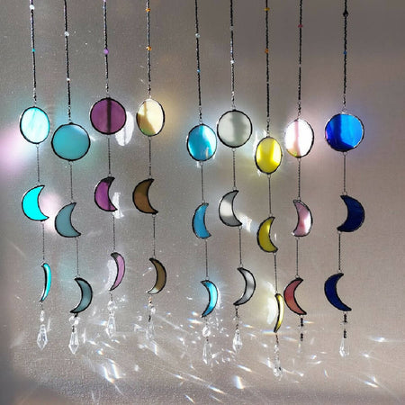 Suncatcher moon phase stained glass wall hanging, with crystals and beads