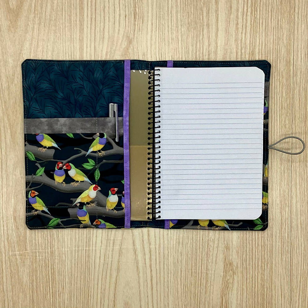 Gouldian Finches refillable A5 fabric notebook cover gift set - Incl. book and pen.