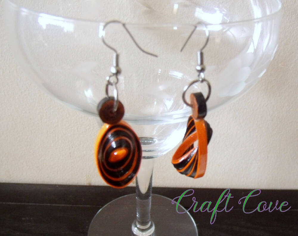 Earrings Quilled Orange and Black Tiger Skewed