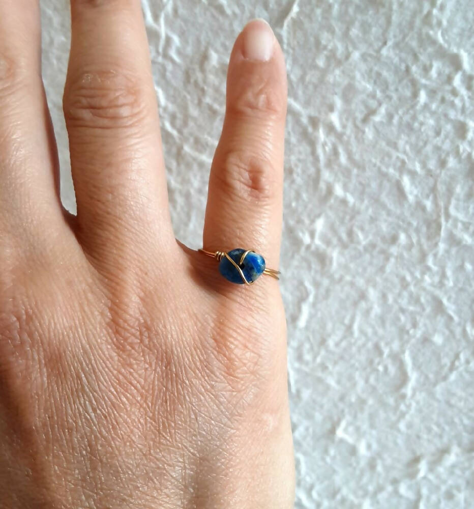 Dainty Natural gemstone wire wrapped ring , Lapis Lazuli Aquamarine Sodalite