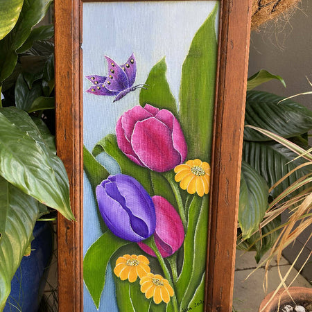 Tulips and Daisies, acrylic Art, natural wood frame