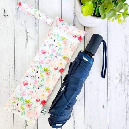 Umbrella Bag, Waterproof Reusable Zip Bag, Pastel Floral, White Zip