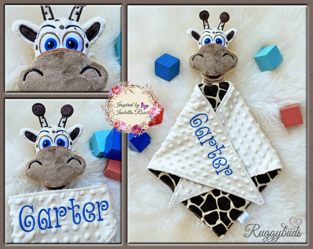 Baby comforter, Embroidered name, Giraffe themed Ruggybud, Made to order