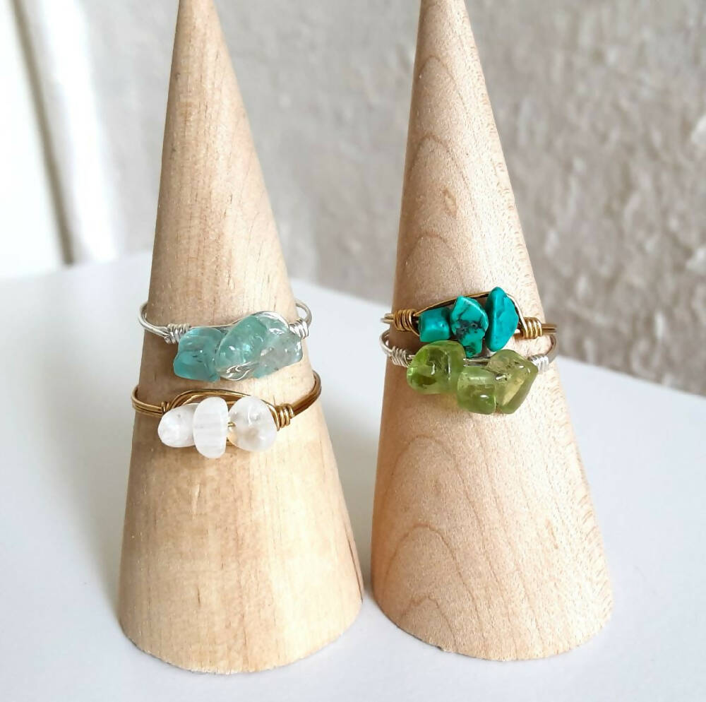Dainty small Natural gemstone chip wire wrap ring , Turquoise Peridot Moonstone Apatite