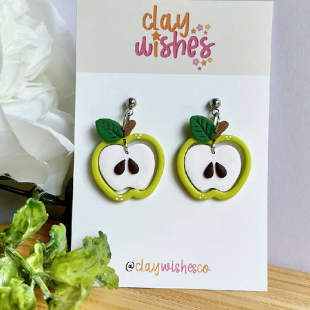Green Apple, Fruit Earrings, Polymer Clay Lightweight Earrings
