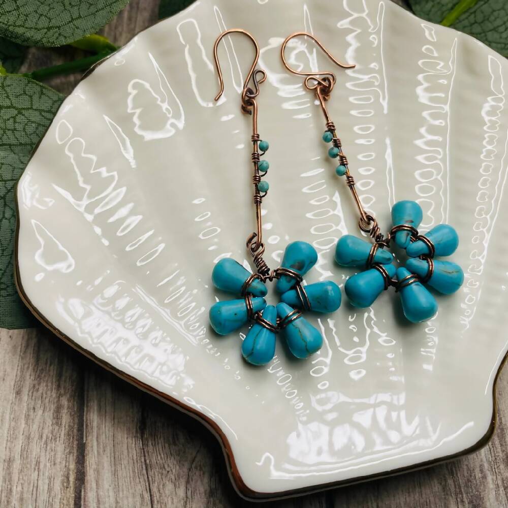 Turquoise Magnasite Long Daisy Drop Earrings