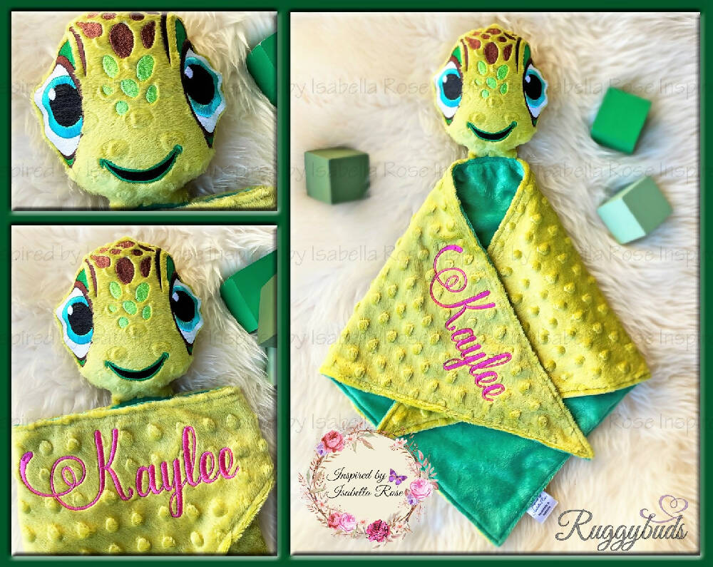 Baby comforter, Embroidered name, Turtle themed Ruggybud, Made to order
