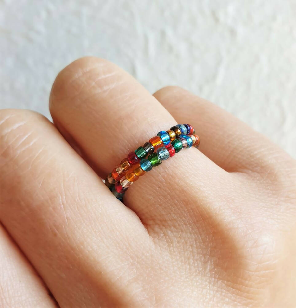 Colourful Rainbow seed bead 2 line memory wire ring