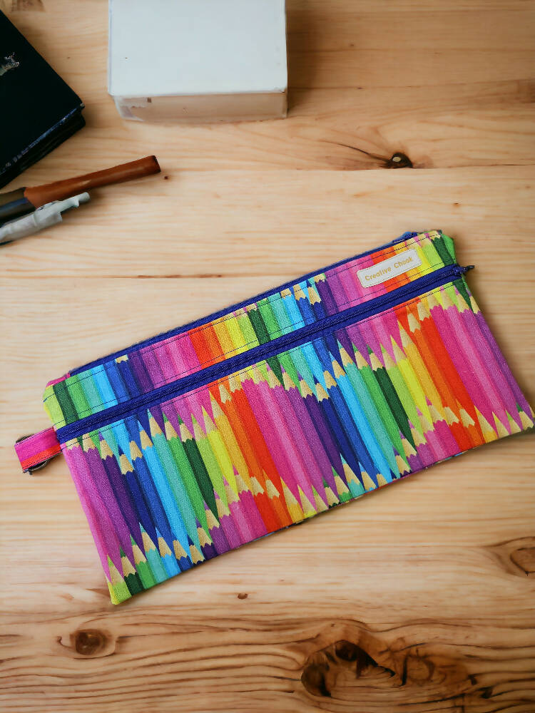 Pencil Design Coloured Double Zippered Pencil Case