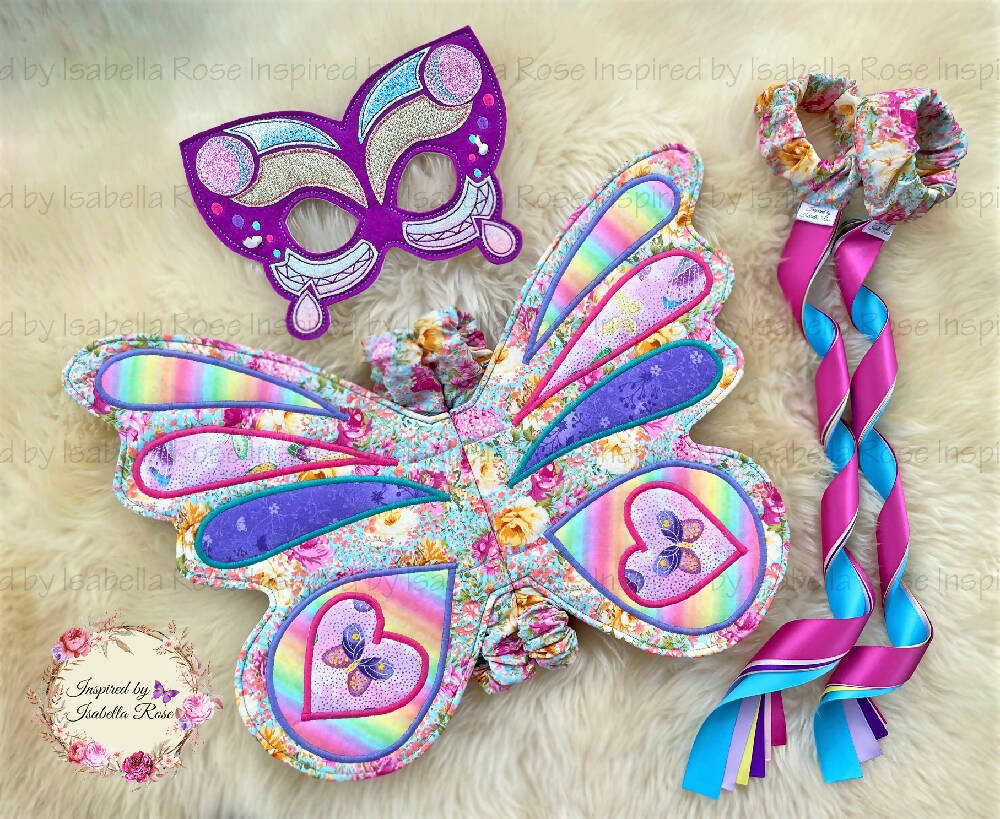 Butterfly fabric wings, Embroidered Mask, Dancing ribbons, Made to order