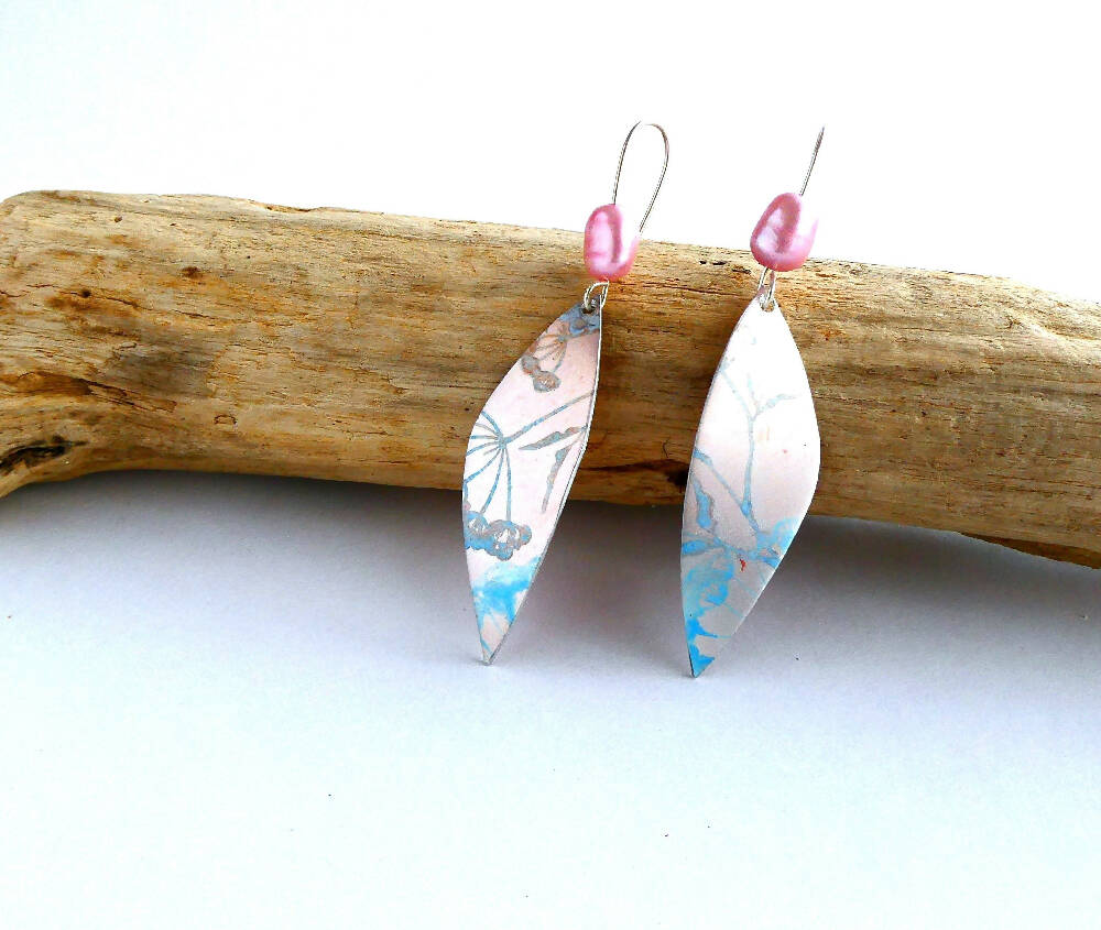 Printed and dyed watercolour anodised aluminium earrings