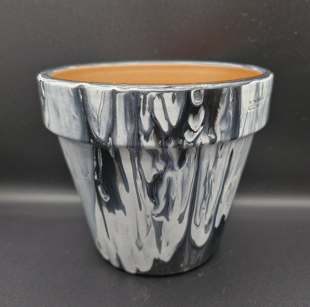 Black and White Acrylic Poured Terracotta Pot