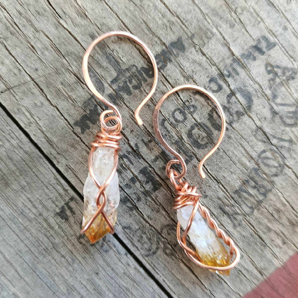 citrine crystal handmade copper wire wrapped dangle earrings