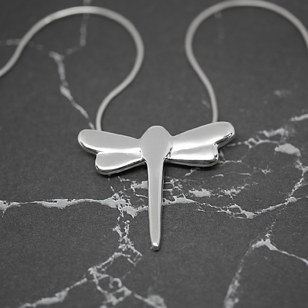 dragonfly pendant silver snake chain grey sml